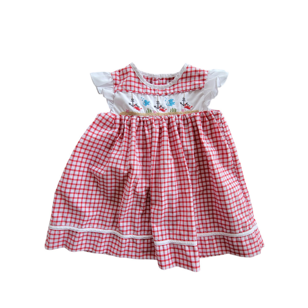 Petit Ami Red Gingham Embroidered‎ Nautical Fish Anchor Crab Picnic Summer Dress